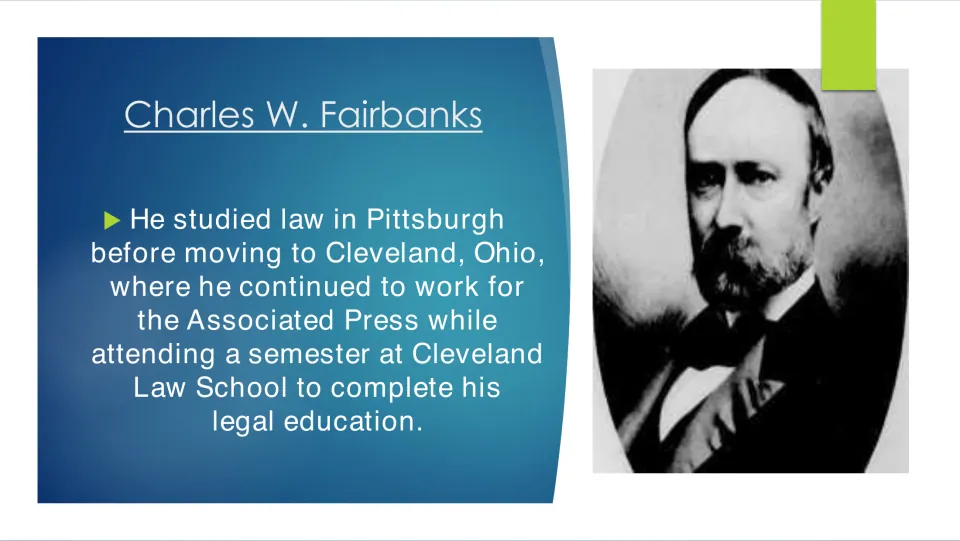Legal education slide tracing Fairbanks's studies in Pittsburgh and a semester at Cleveland Law School
