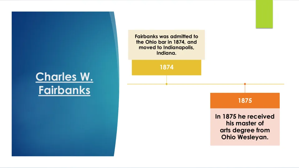Timeline slide: Fairbanks's 1874 Ohio bar admission and move to Indianapolis, followed by his 1875 master's degree