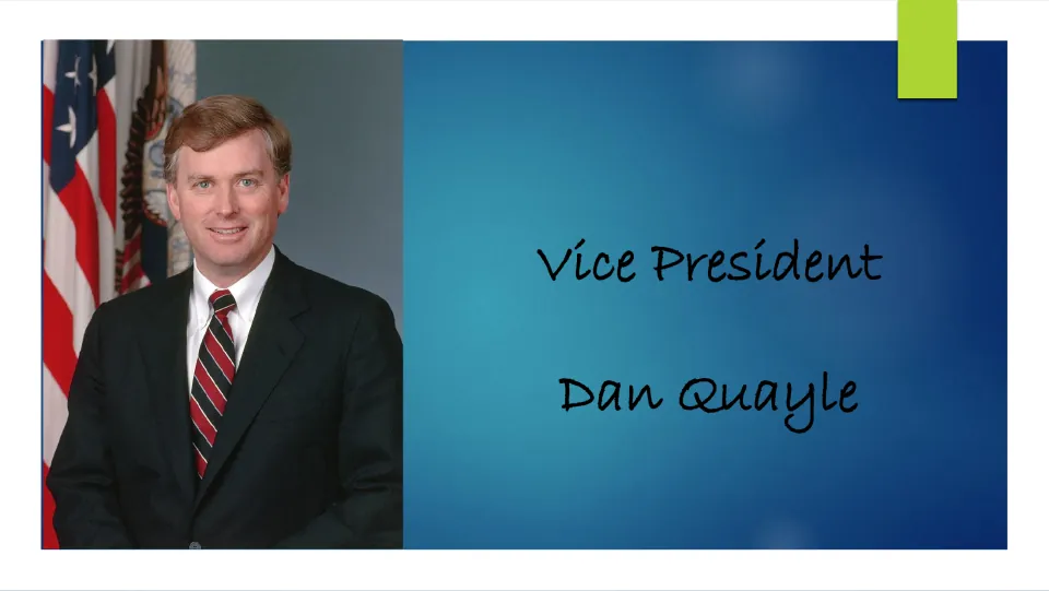 Biography presentation cover introducing Vice President Dan Quayle, with his name, title, and portrait