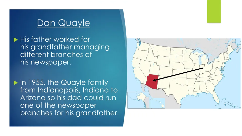 Childhood slide covering Quayle’s father’s newspaper work and the family’s 1955 move from Indiana to Arizona
