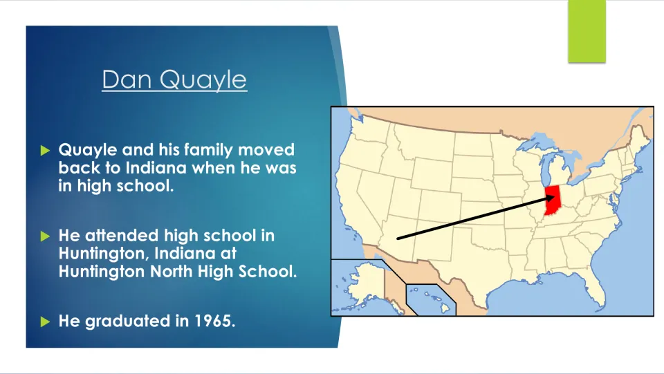 High school slide covering Quayle’s return to Indiana, Huntington North High School, and 1965 graduation