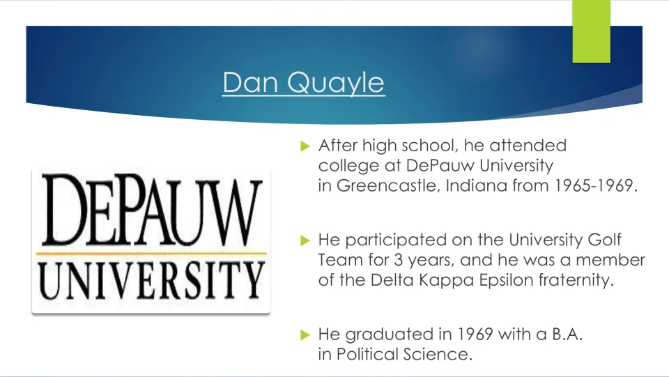 College biography slide covering Quayle’s DePauw years, golf team, fraternity, and 1969 political science degree