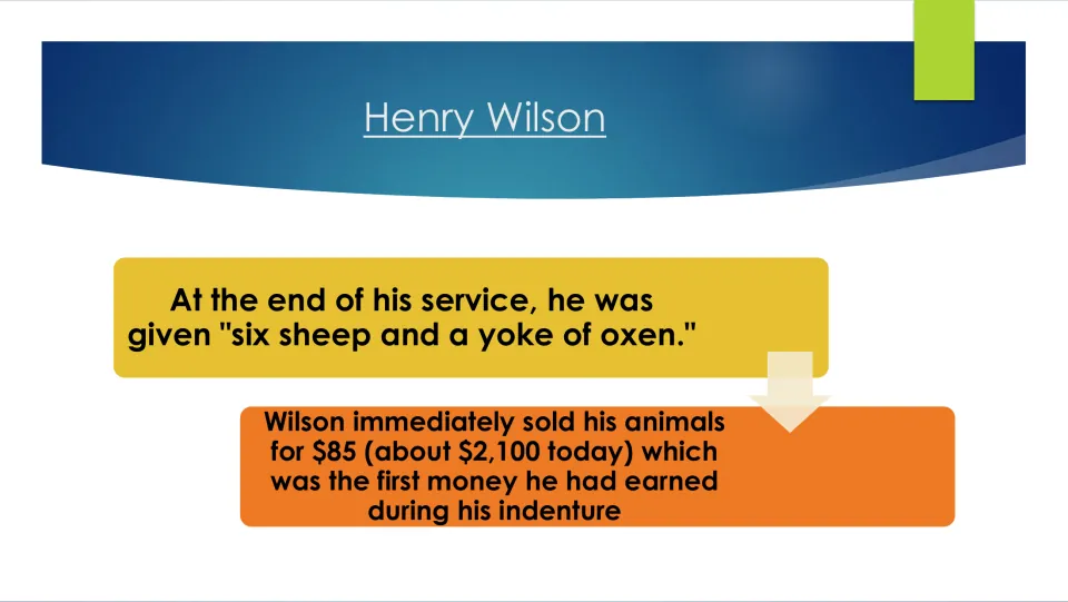End-of-service slide recounting Henry Wilson's payment of six sheep and a yoke of oxen, which he sold for $85