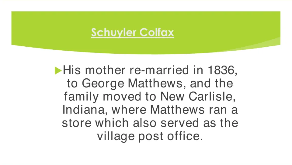 Biography slide describing his mother’s 1836 remarriage to George Matthews and move to New Carlisle, Indiana