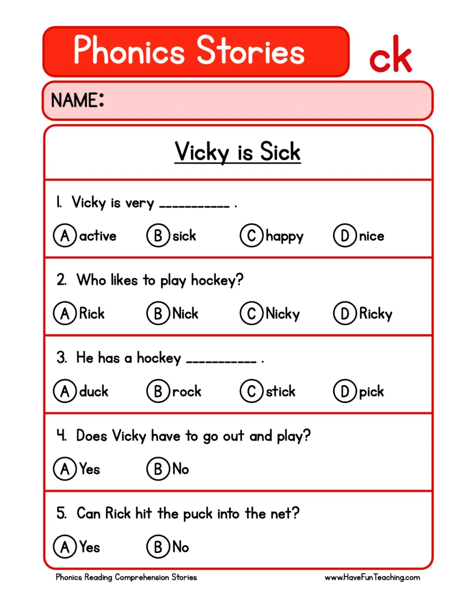 Five comprehension questions about Vicky feeling sick, Rick's hockey stick, and hitting a puck into a net.