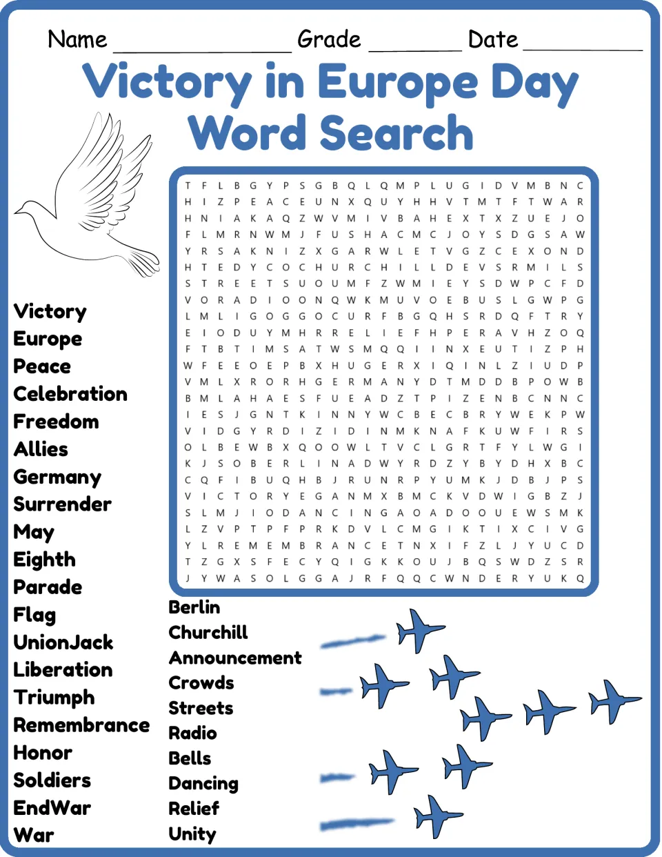 Color version of the VE Day word search: 30 terms including Victory, Europe, Peace, Celebration, and Freedom.