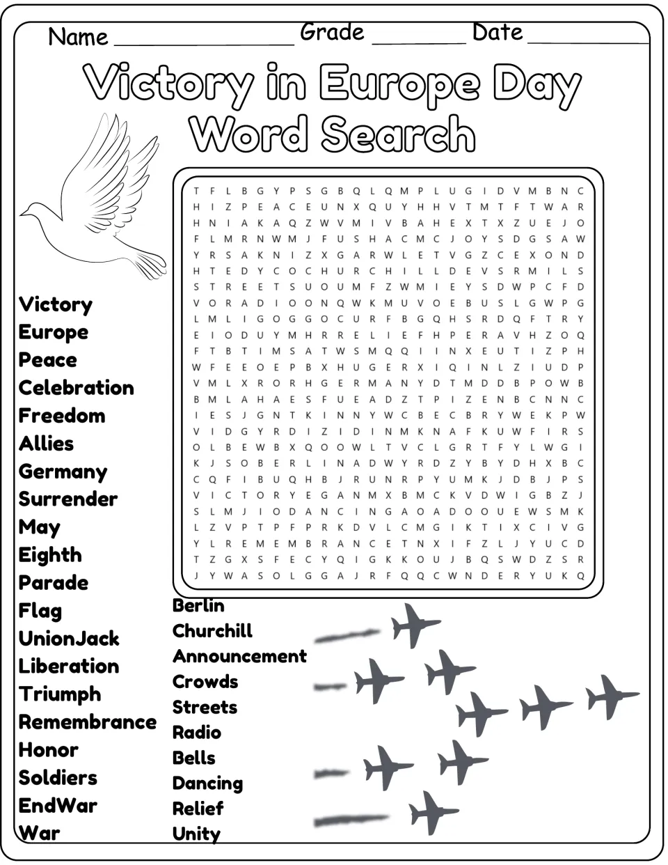 Black-and-white version of the VE Day word search: 30 terms including Allies, Germany, Surrender, and May.