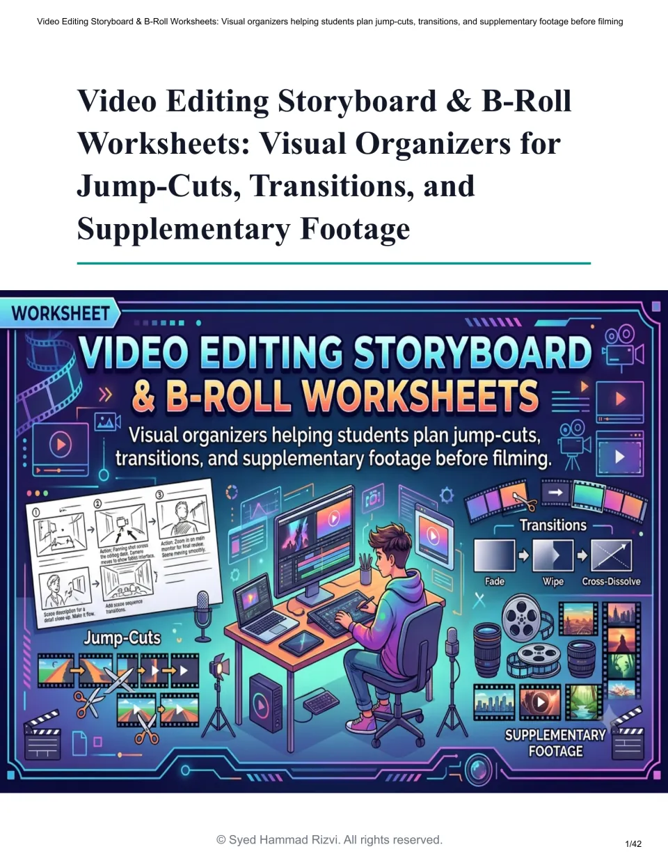 Video Editing Storyboard & B-Roll Worksheets cover: visual organizers for planning jump-cuts, transitions and B-roll