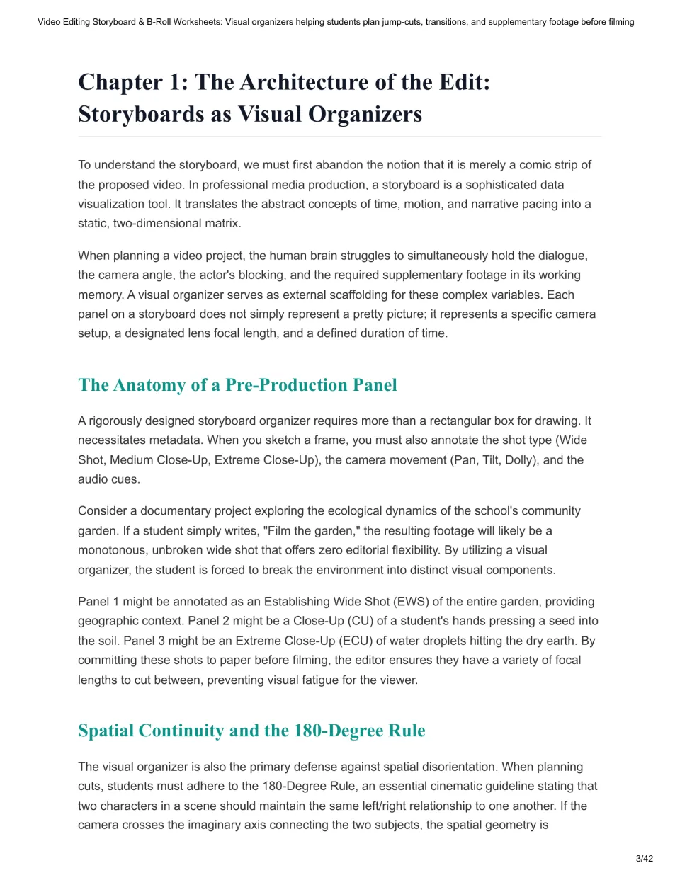 Chapter 1 reading on storyboards as visual organizers: shot types, camera moves, a garden example and the 180-Degree Rule