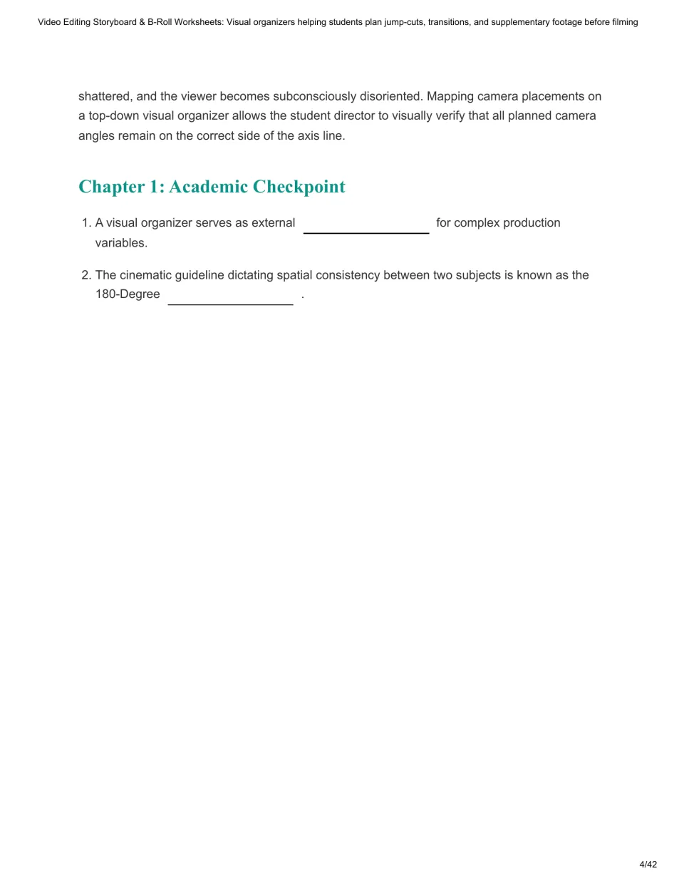 Chapter 1 checkpoint: students fill in two blanks on external scaffolding and the 180-Degree Rule