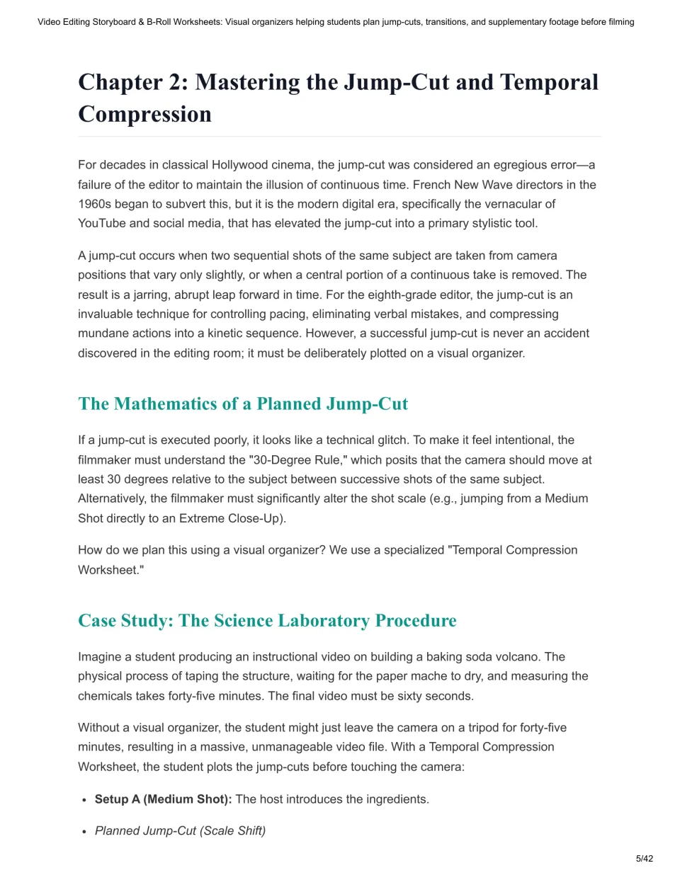 Chapter 2 reading on the jump-cut: the 30-Degree Rule and a baking soda volcano case study planned as camera setups