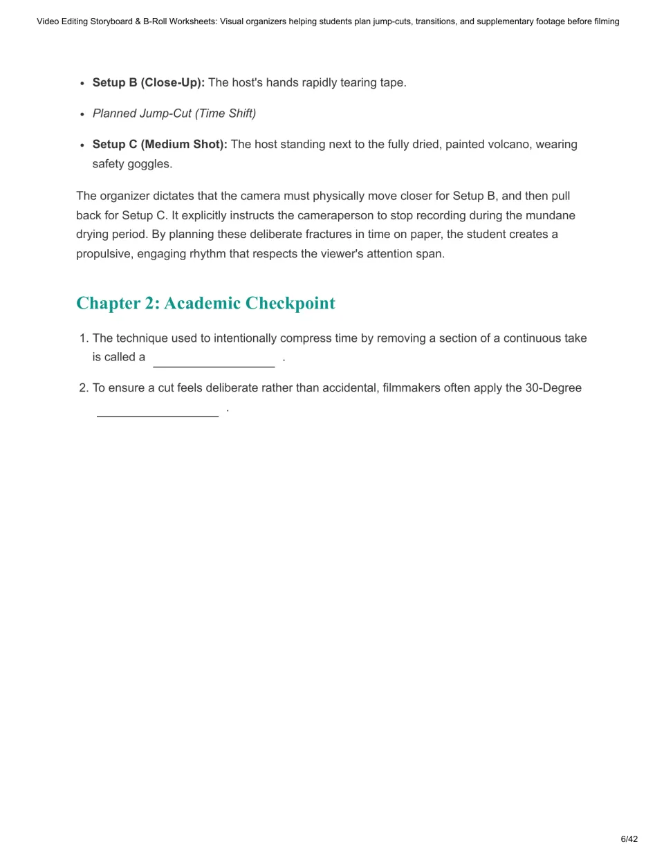 Chapter 2 checkpoint: students fill blanks on the jump-cut and 30-Degree Rule after the volcano case study ends