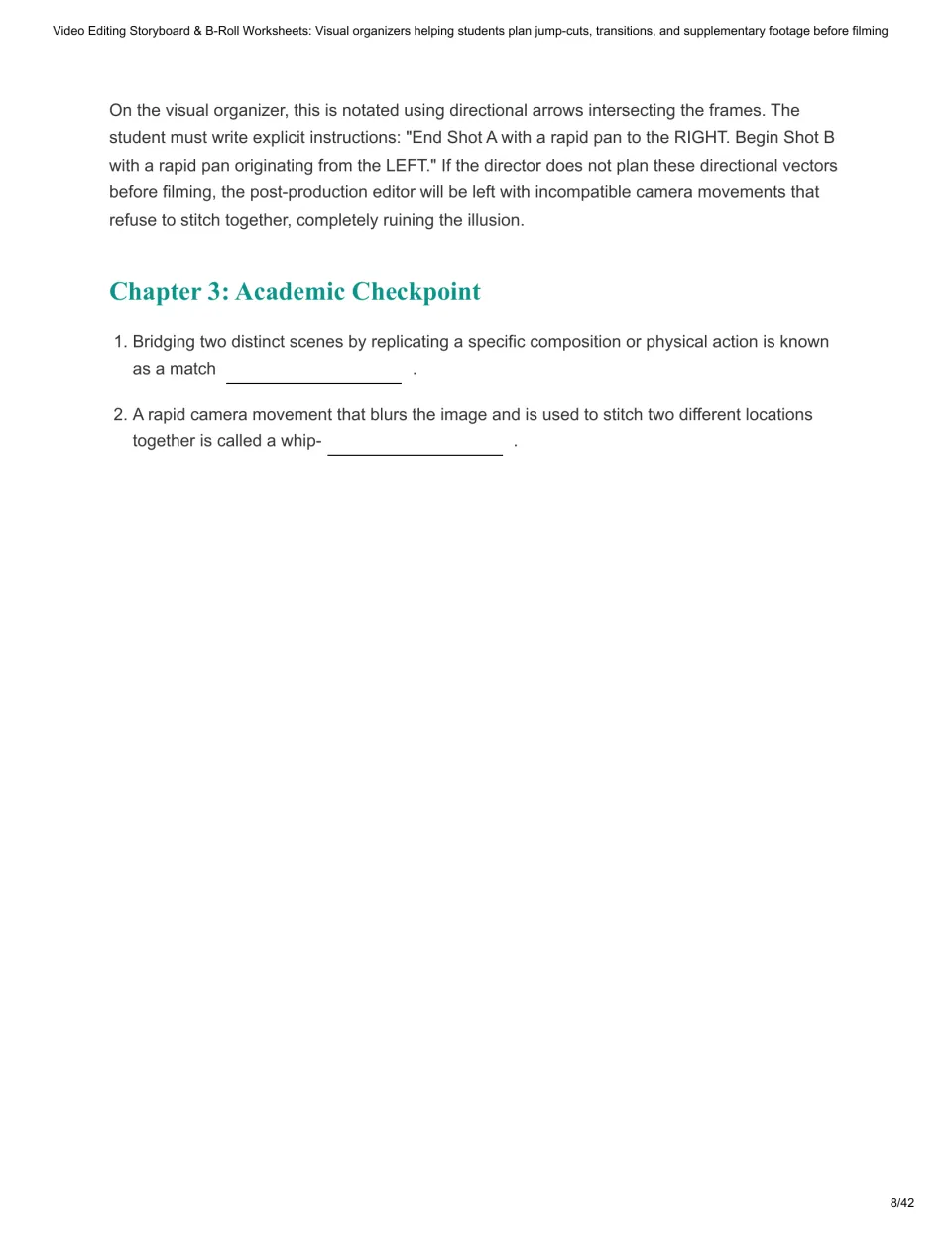 Chapter 3 checkpoint: students fill in blanks naming the match cut and whip-pan after notes on directional pan arrows