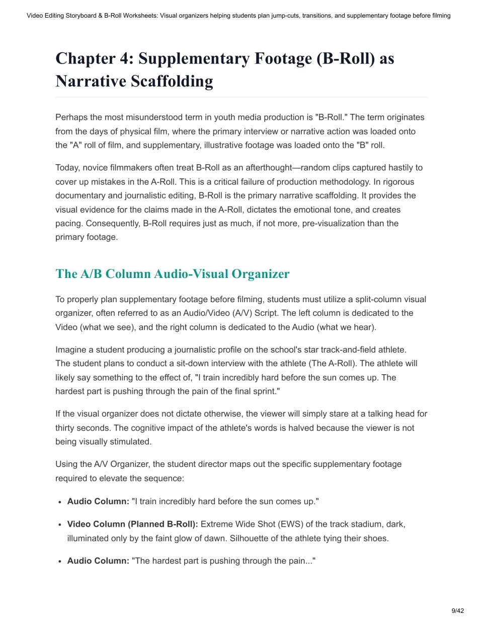 Chapter 4 reading on B-roll: the A/V split-column organizer, shown with a track athlete interview and planned dawn footage