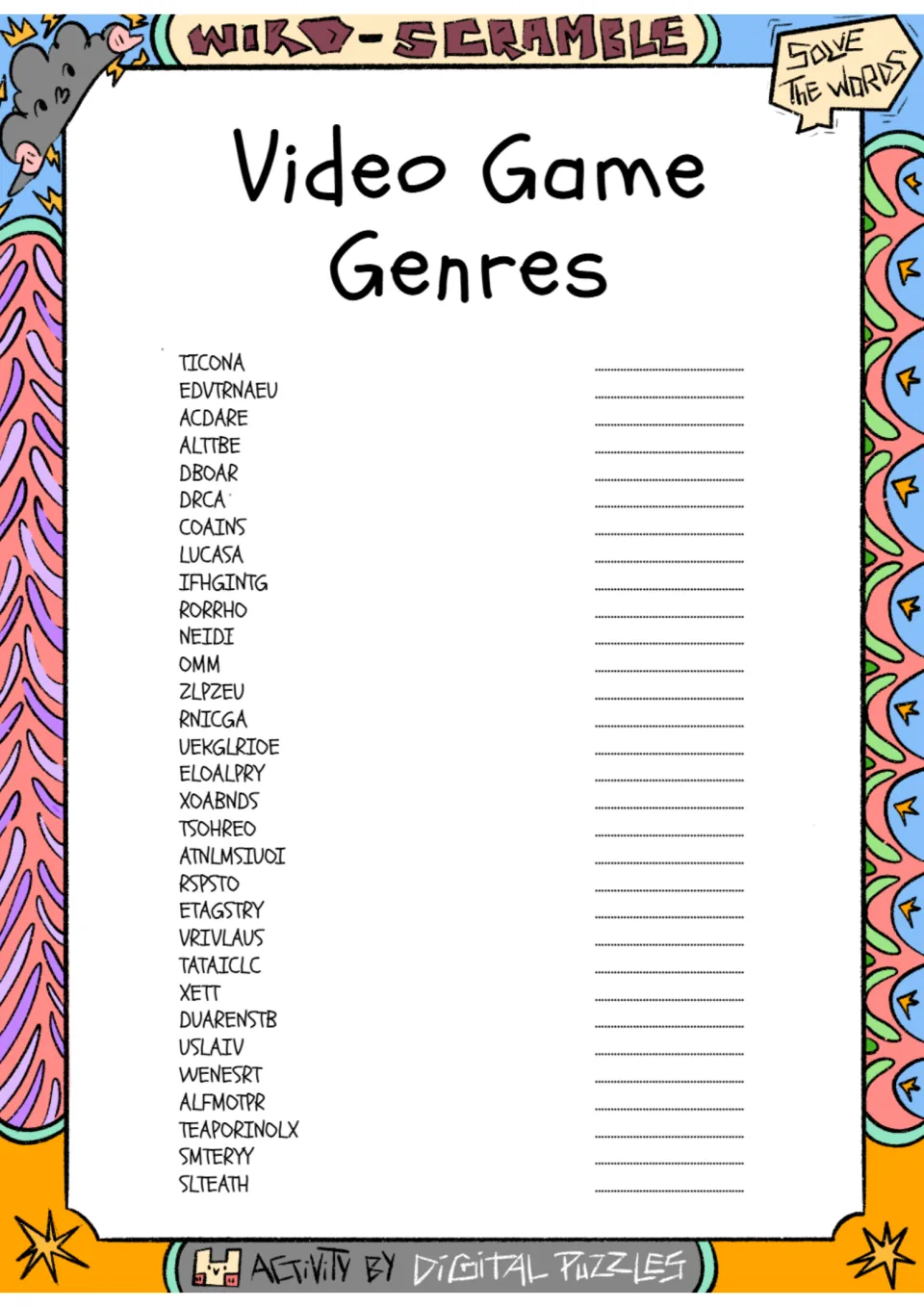 Video game genres word scramble: students unscramble 31 genre names such as TICONA and DBOAR, writing each answer