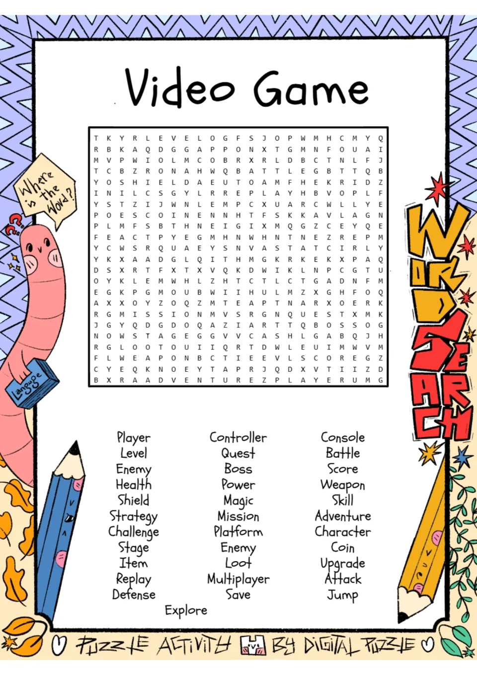 Video game vocabulary word search: students find gaming terms like player, quest, boss, coin and multiplayer