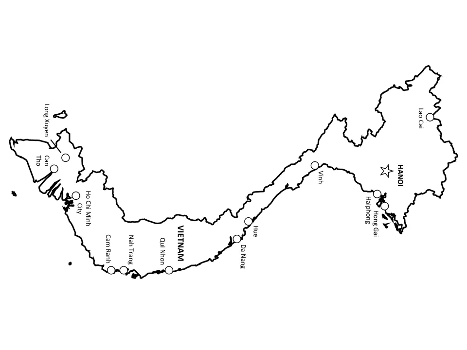 Labeled city map with Hanoi starred as capital plus Haiphong, Hue, Da Nang, Ho Chi Minh City and Can Tho marked