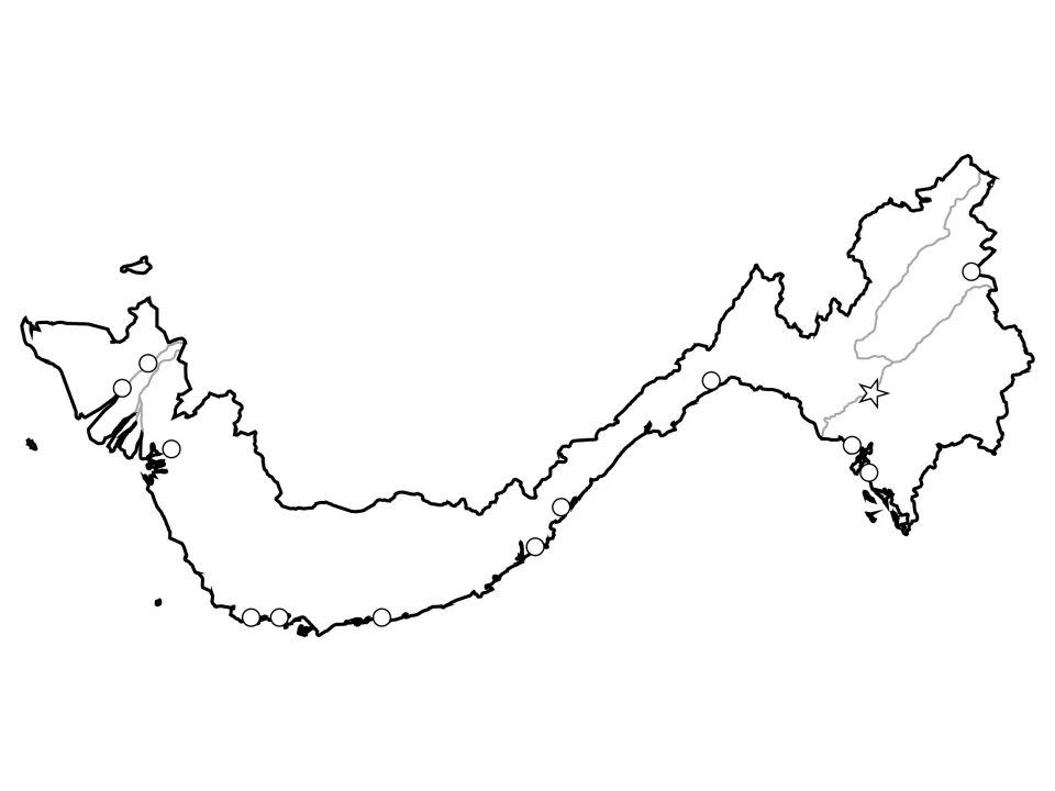 Rivers and cities combined: blank city dots, a capital star and gray river lines for students to identify and label