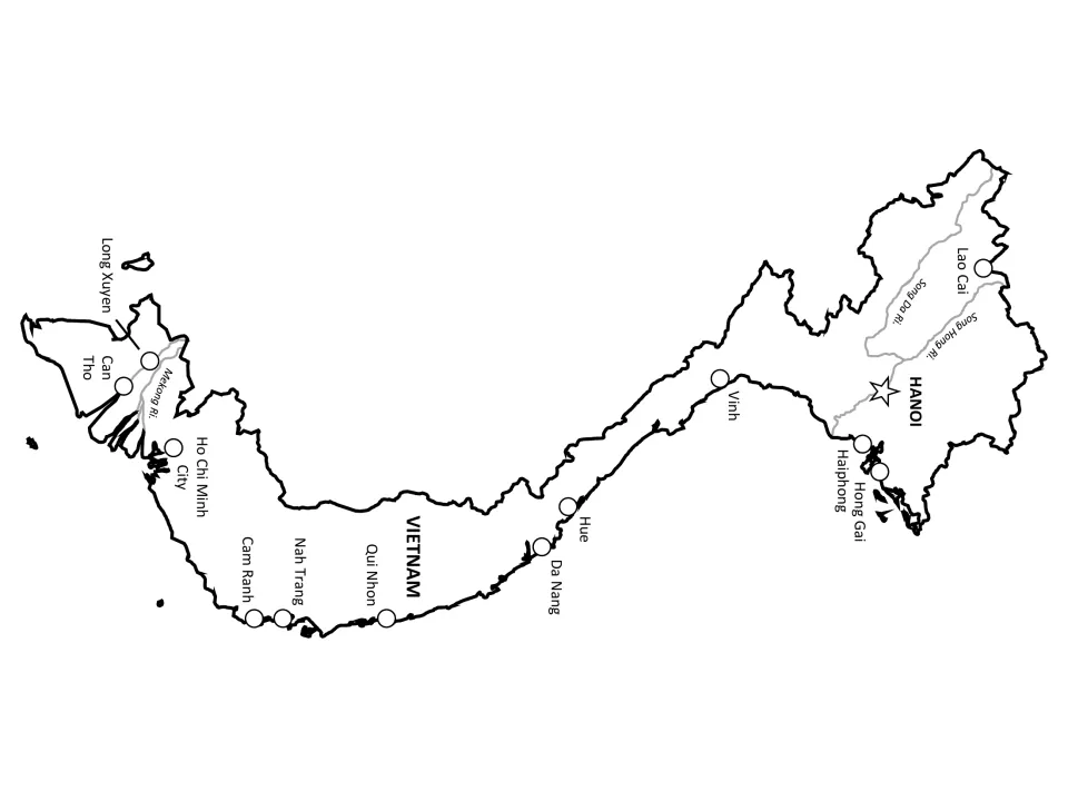 Fully labeled Vietnam map naming the Mekong, Song Hong and Song Da rivers along with Hanoi and 12 other cities
