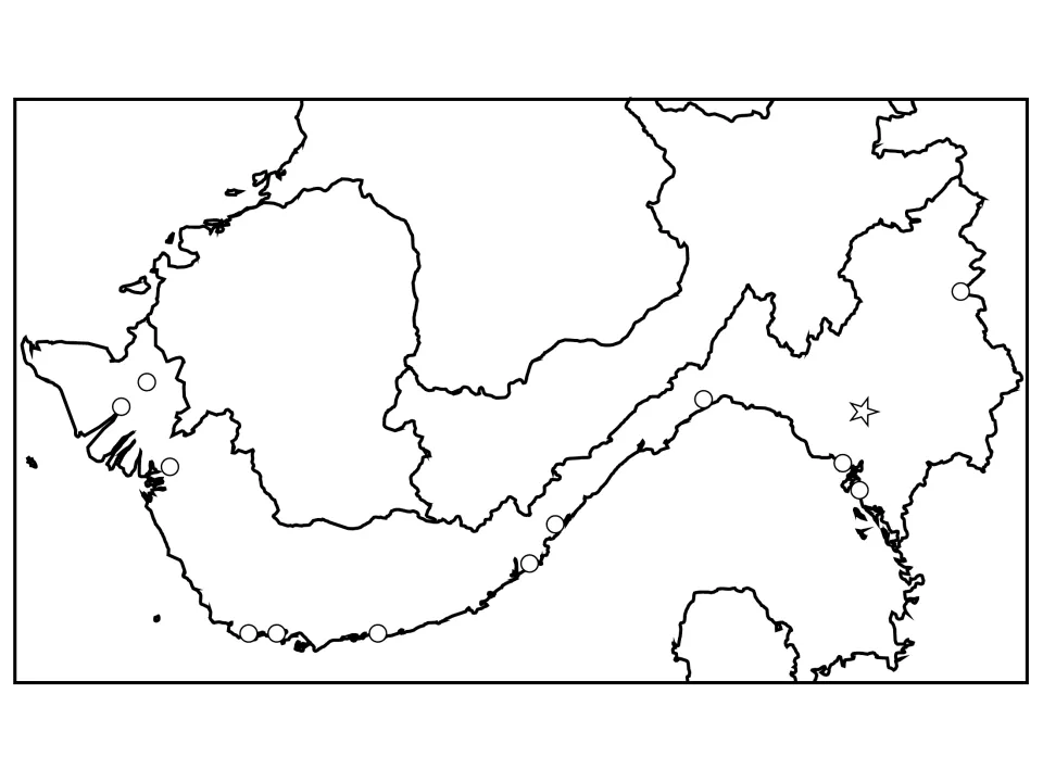 Southeast Asia regional map with city dots and a capital star, borders and seas left blank for students to label