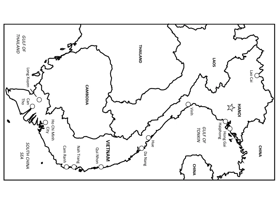 Regional reference map labeling Laos, Cambodia, Thailand, China, the Gulf of Tonkin and the South China Sea