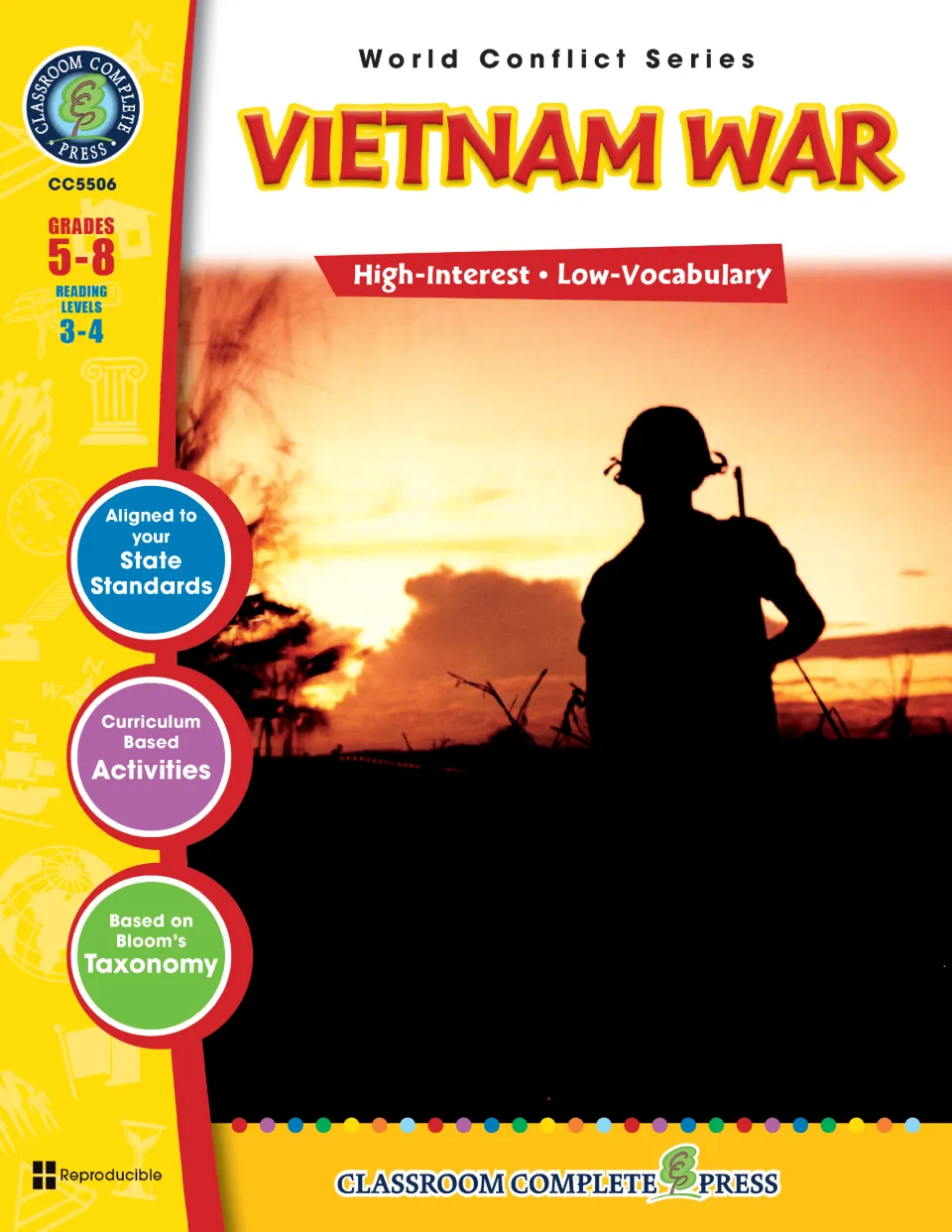 Vietnam War unit cover identifying grades 5–8, reading levels 3–4, and a high-interest, low-vocabulary approach