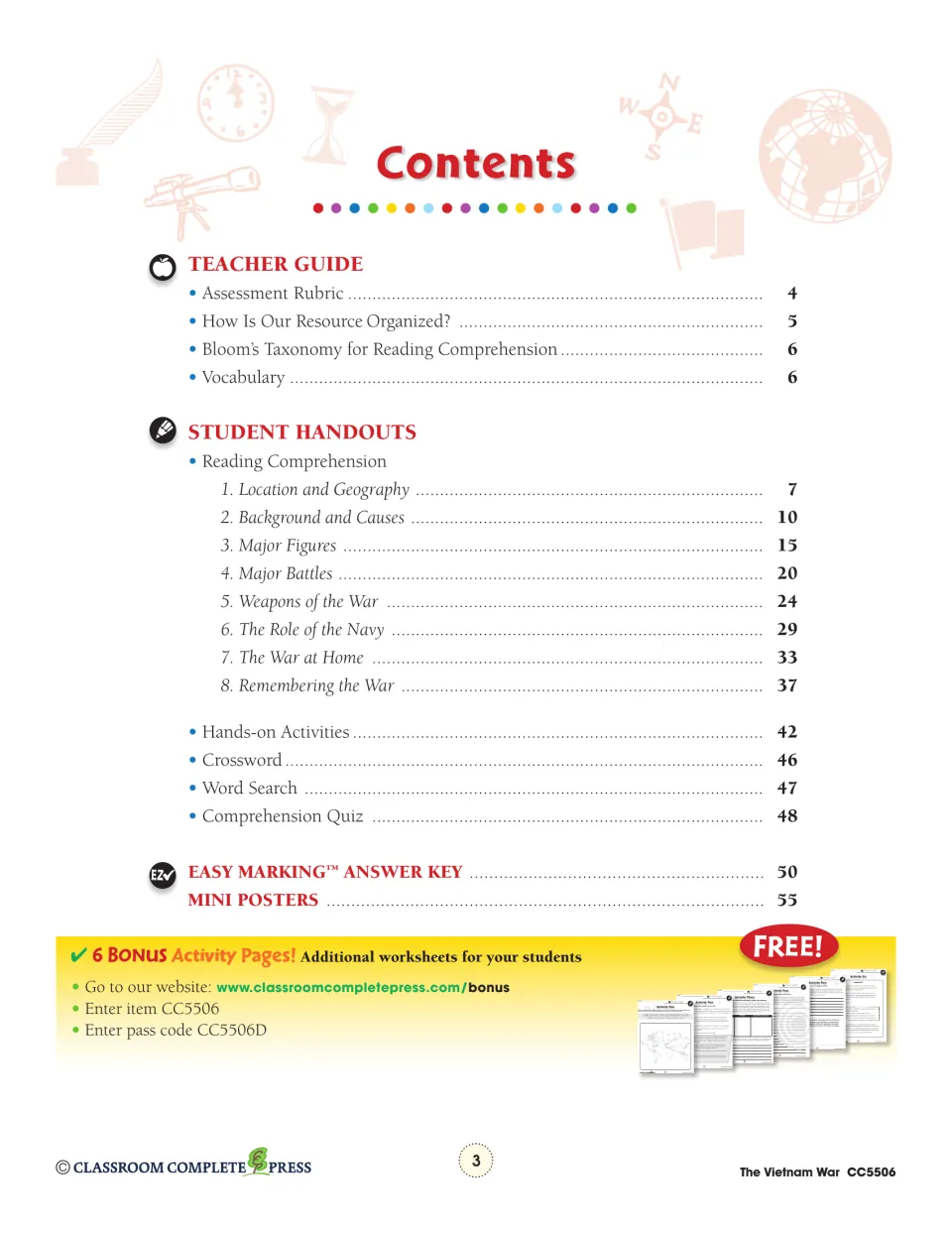 Contents lists teacher guidance, eight reading sections, hands-on activities, puzzles, a quiz, and answers