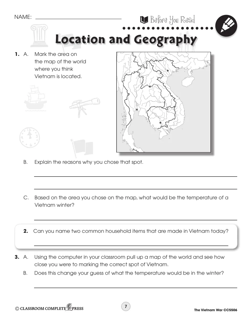Before-reading geography activity asks students to locate Vietnam, predict winter temperatures, and check a map