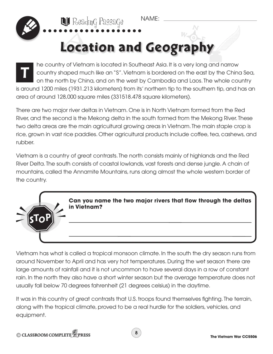 Geography reading passage covers Vietnam’s borders, river deltas, crops, terrain, and tropical monsoon climate