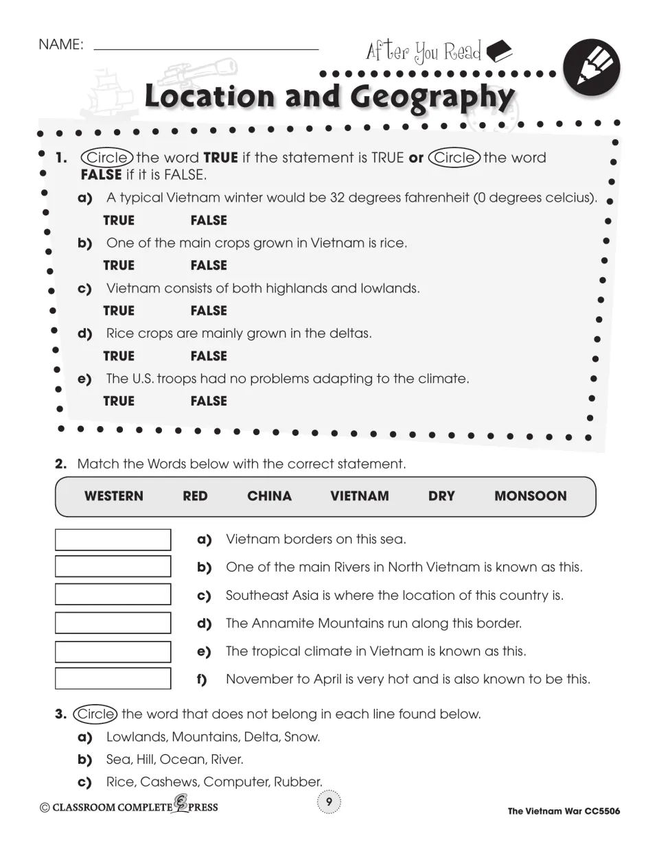 After-reading geography practice checks climate, crops, and terrain through true-or-false and matching tasks