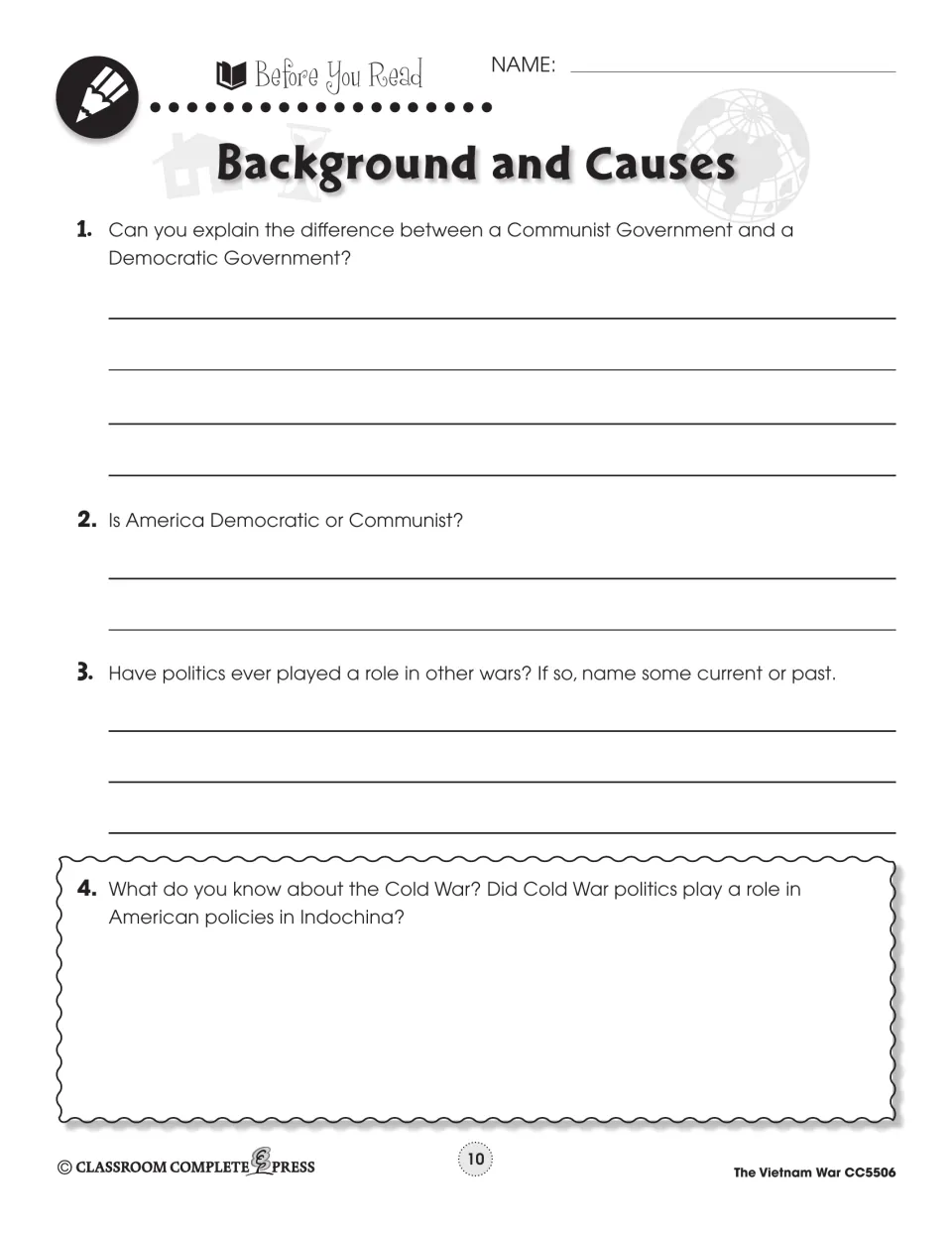 Before-reading questions compare Communist and Democratic governments and ask about politics and the Cold War