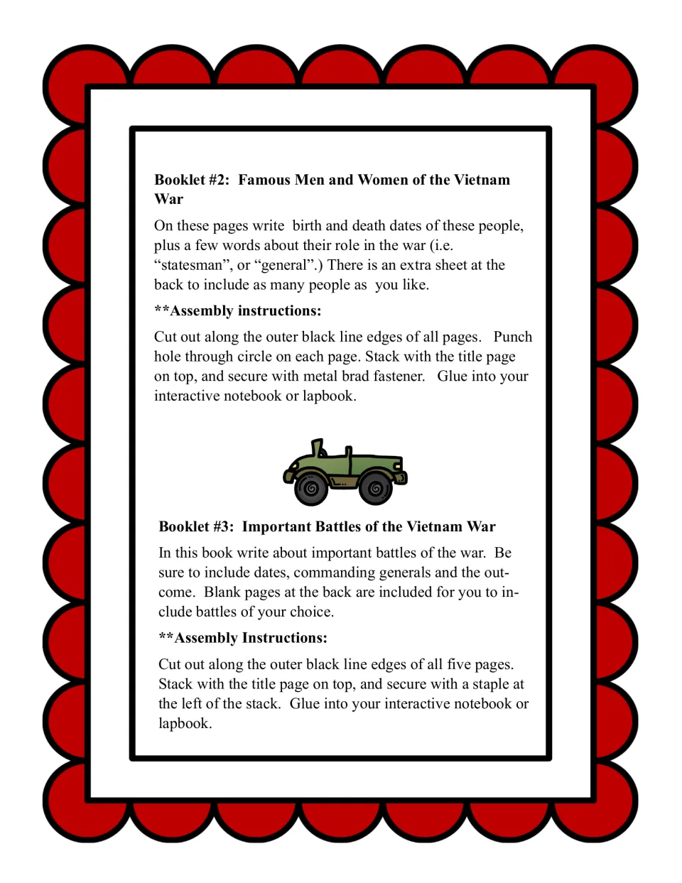 Writing and assembly instructions for the Vietnam War people booklet and the important battles booklet