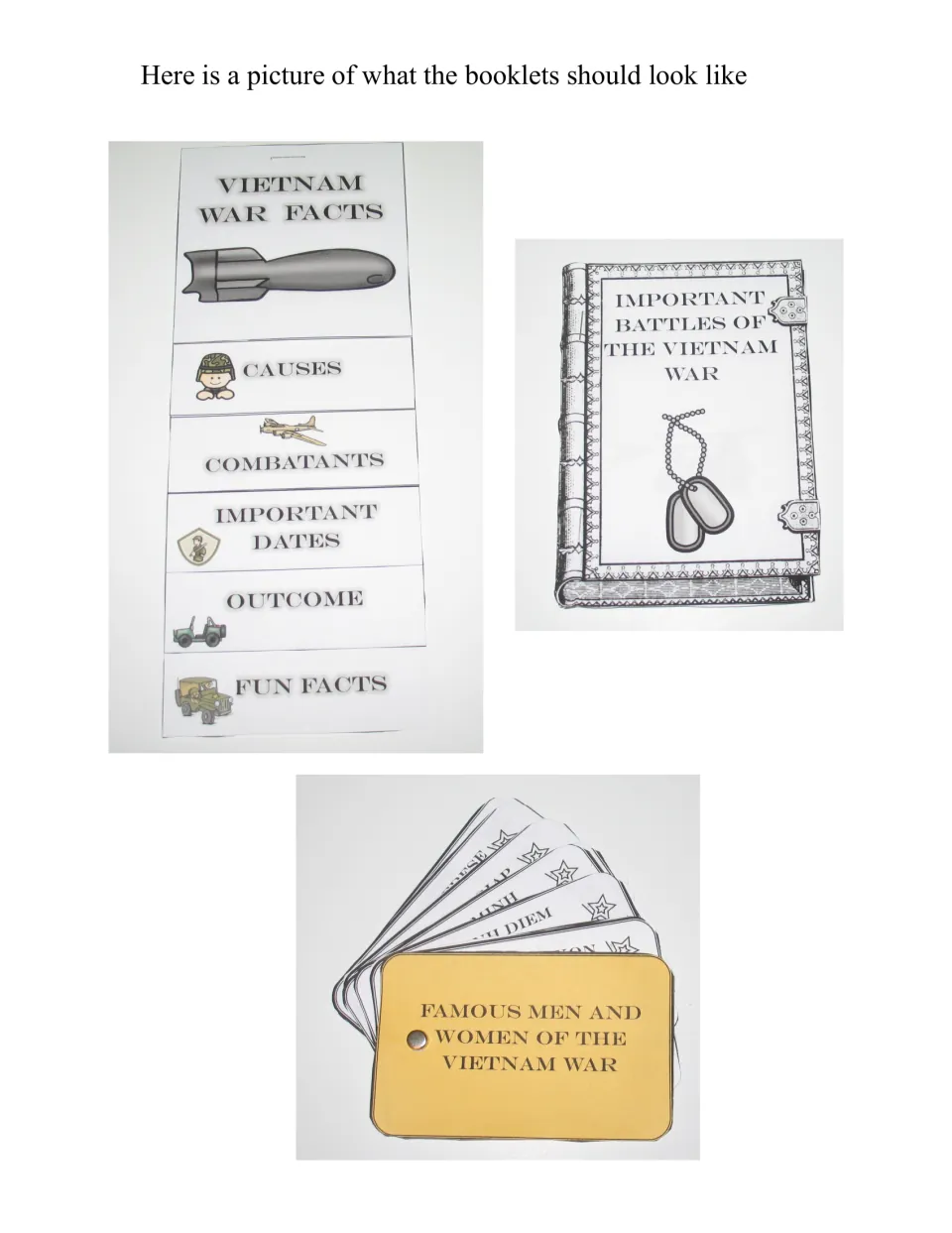 Assembly reference photos show the completed Vietnam War facts, important battles, and famous people booklets