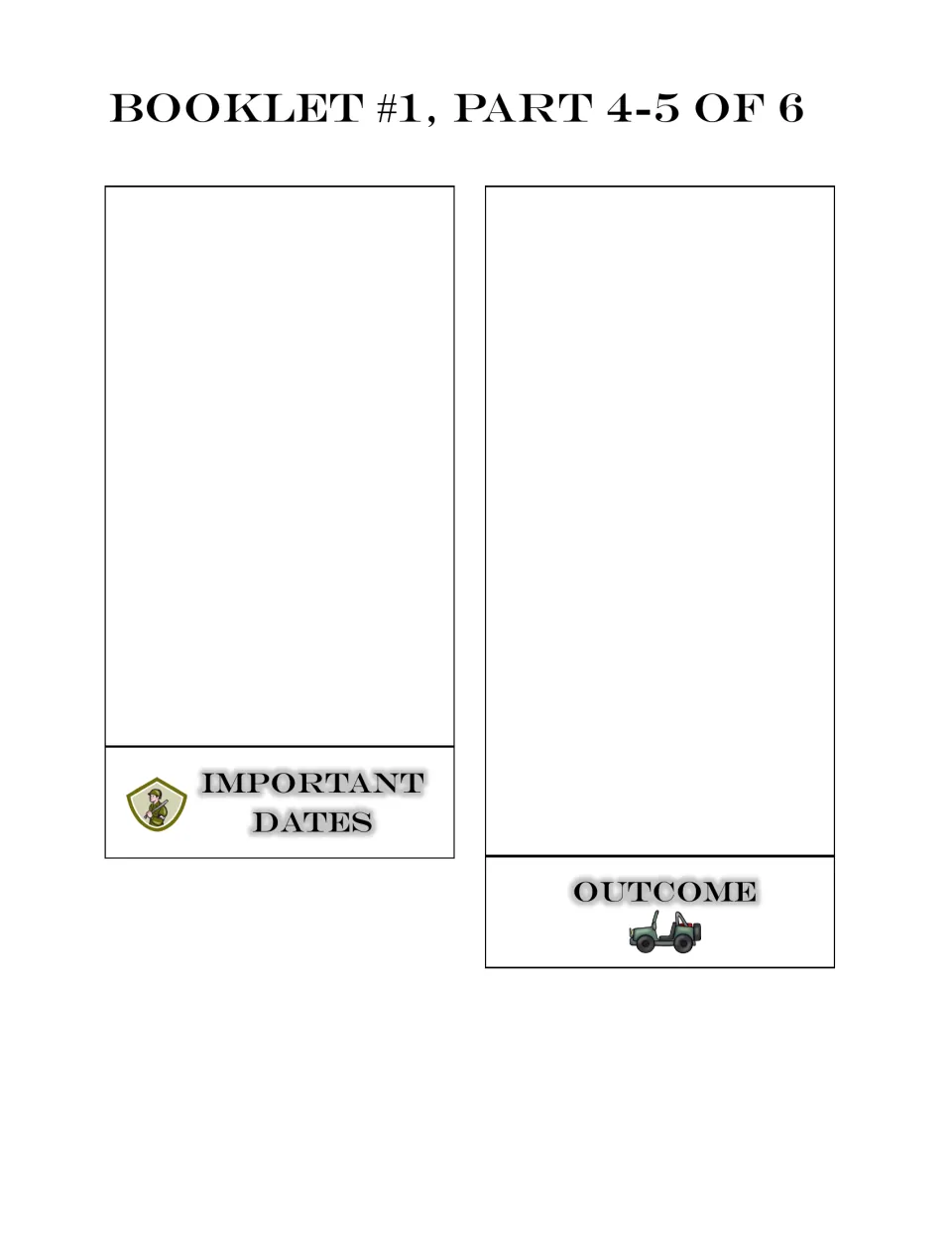 War facts booklet parts 4–5 of 6: blank writing sections labeled Important Dates and Outcome for students to fill in