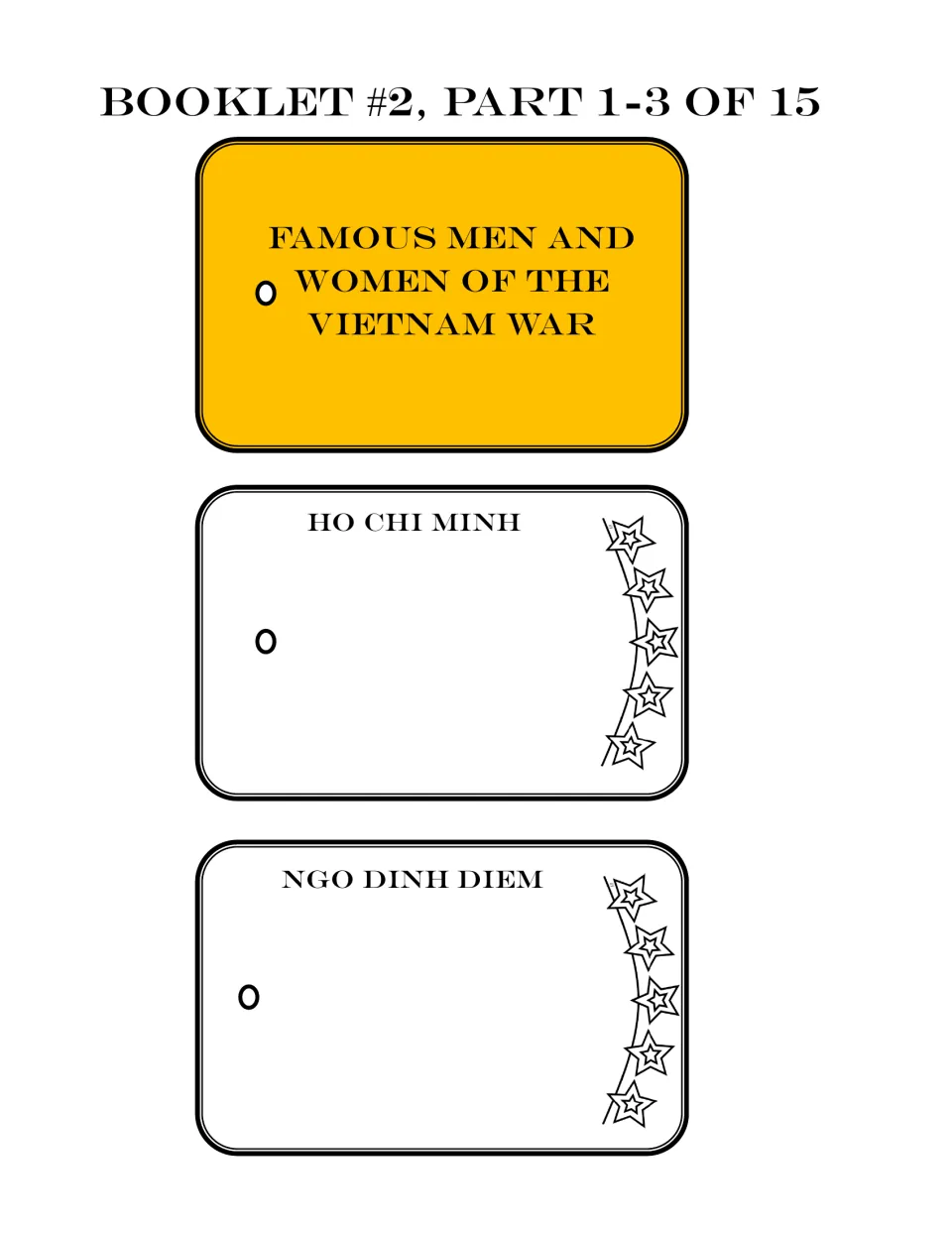People booklet parts 1–3 of 15: the title piece and blank biography cards for Ho Chi Minh and Ngo Dinh Diem