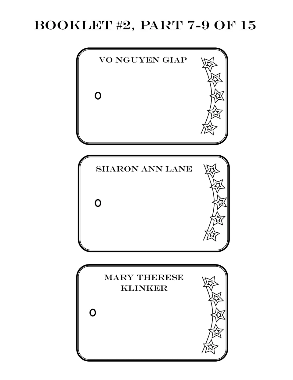 People booklet parts 7–9 of 15: biography cards for Vo Nguyen Giap, Sharon Ann Lane, and Mary Therese Klinker