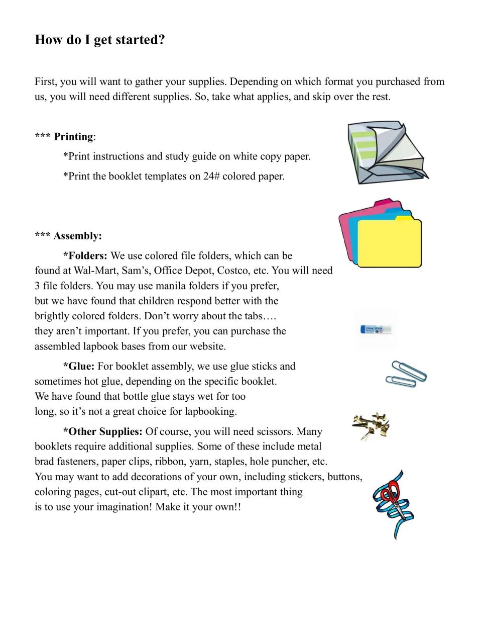 Lapbook preparation instructions specify printing paper, three file folders, glue, scissors, and other supplies