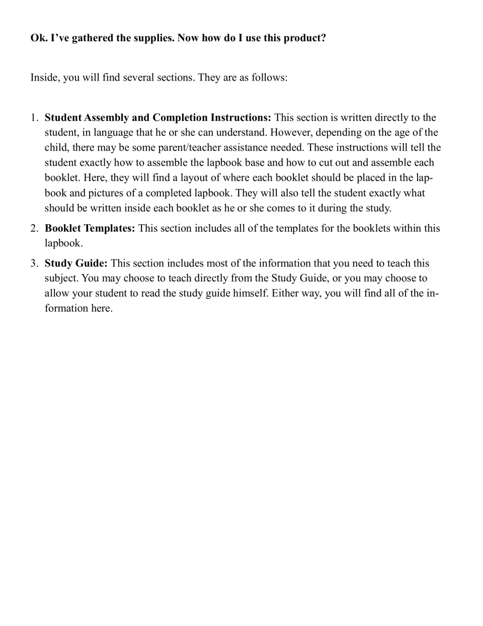 Lapbook section guide explains student assembly instructions, booklet templates, and the study guide