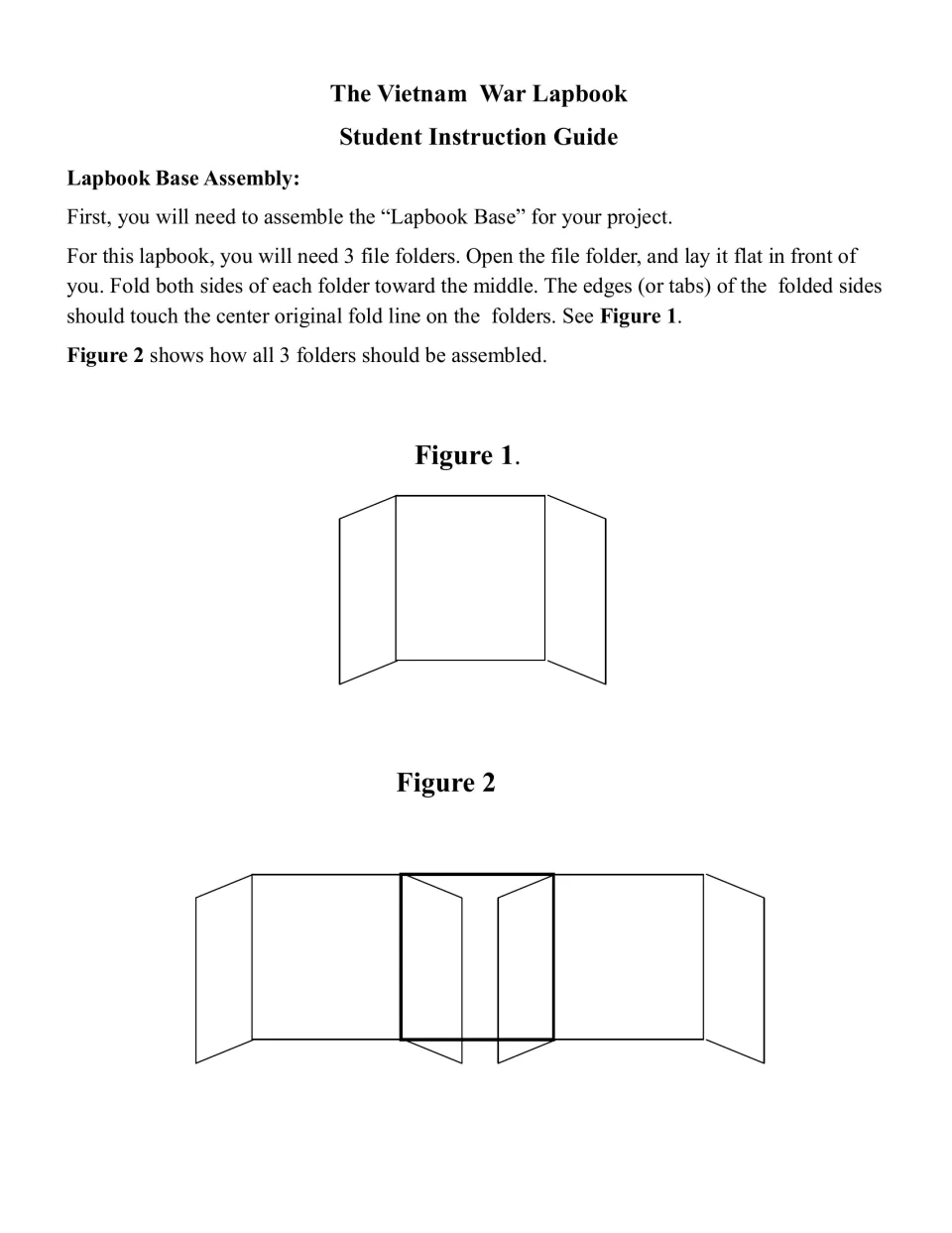 Lapbook base assembly instructions show how to fold each file folder and join three folders for the project
