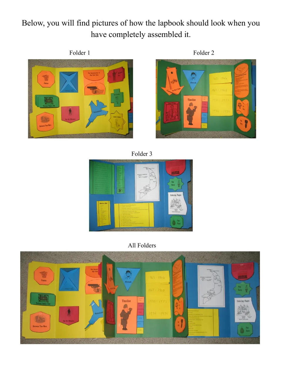 Completed lapbook photographs show each of the three folders separately and the full assembled project