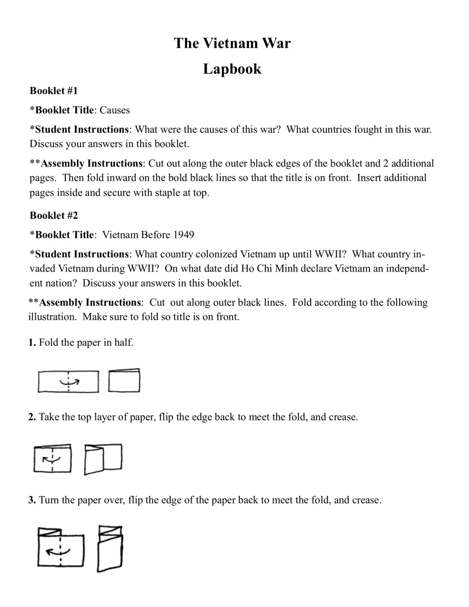 Instructions for booklets 1–2 cover war causes and Vietnam before 1949, with writing prompts and folding steps