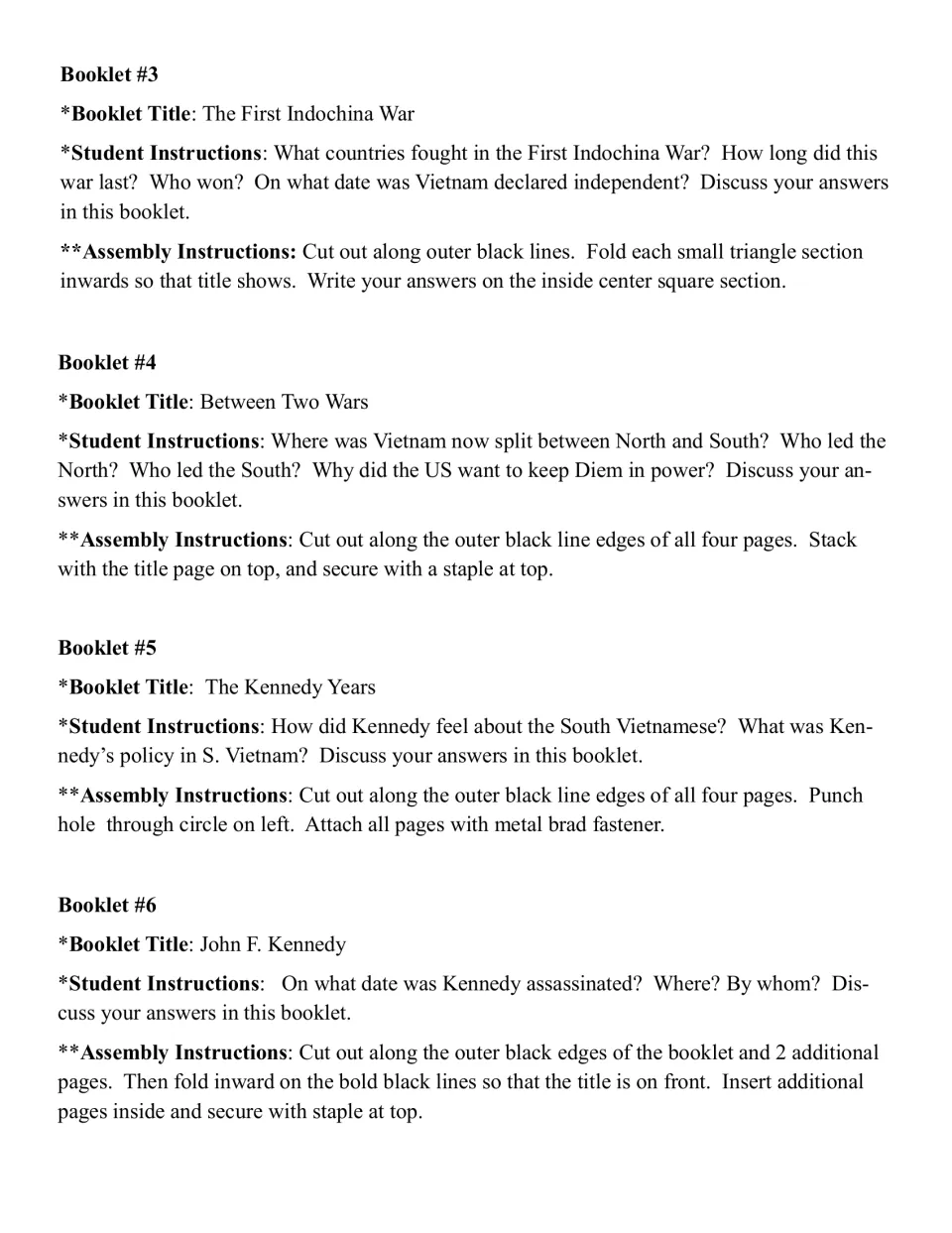 Booklets 3–6 instructions cover the First Indochina War, Between Two Wars, Kennedy years, and JFK's assassination