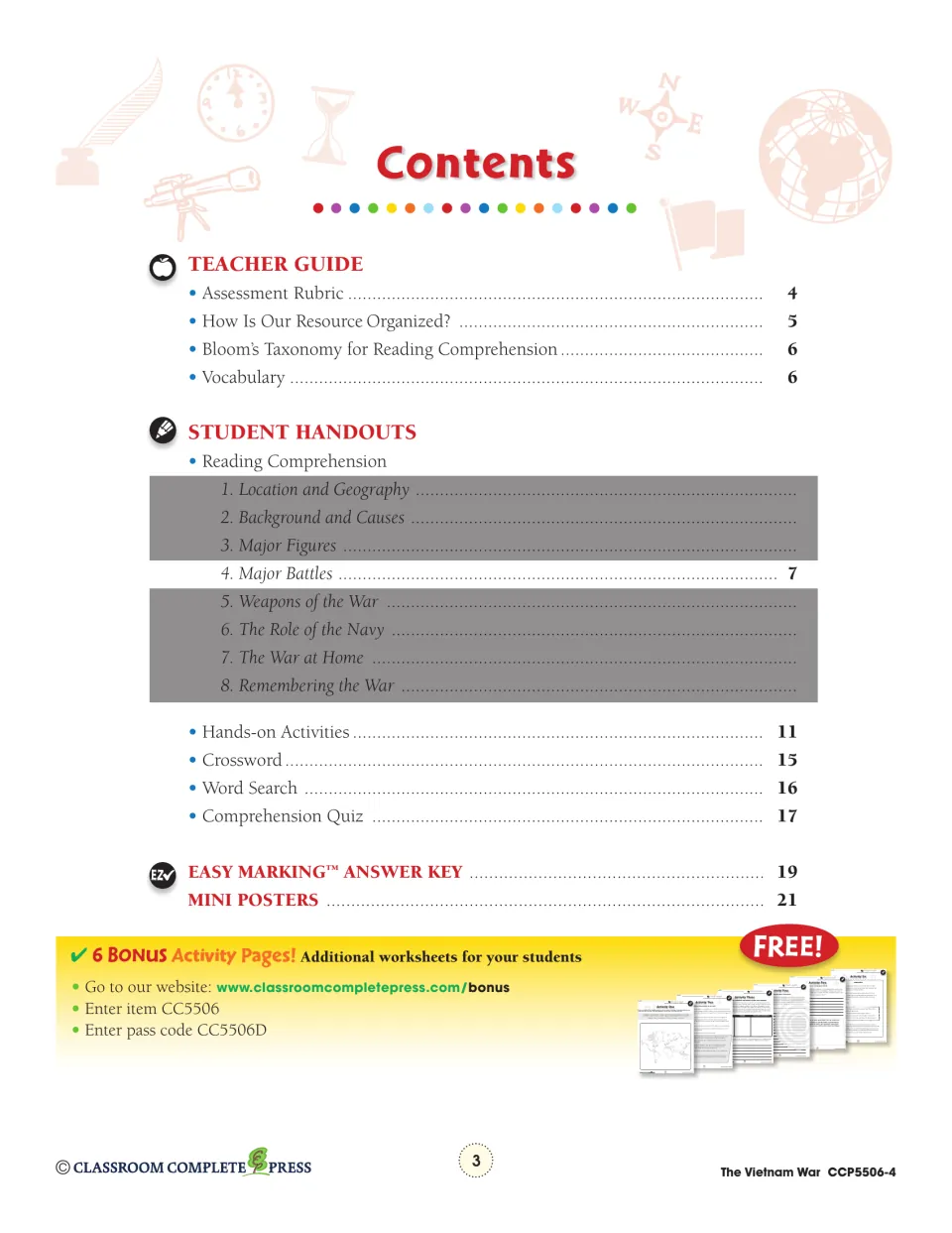 Contents: teacher guide, Major Battles reading on page 7, activities, crossword, quiz, answer key, mini posters