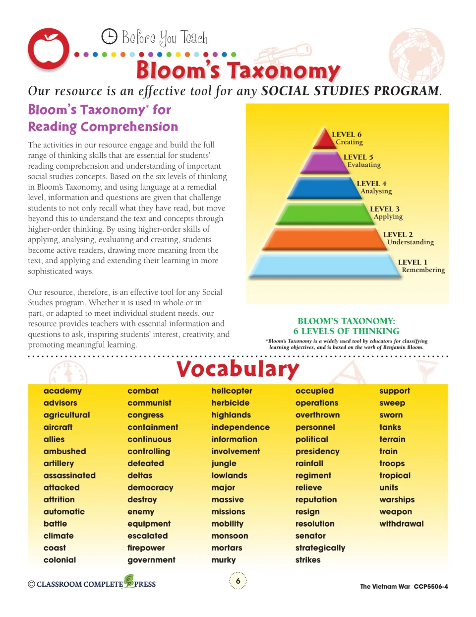 Bloom's Taxonomy pyramid of six thinking levels and the vocabulary list: academy, advisors, ambushed and 69 more