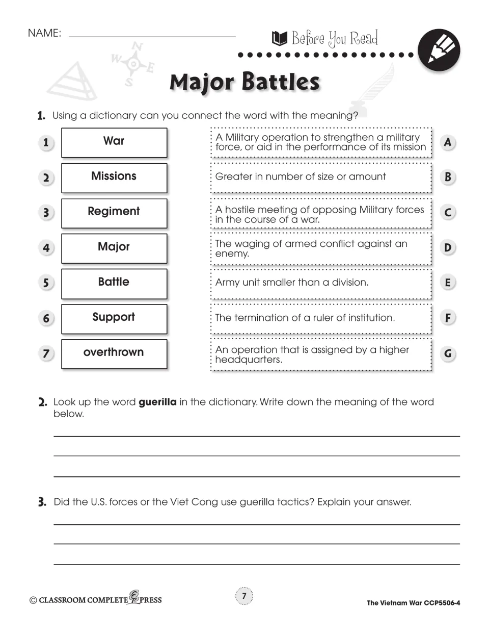 Before You Read vocabulary: match War, Missions, Regiment and 4 more to meanings, then define guerilla