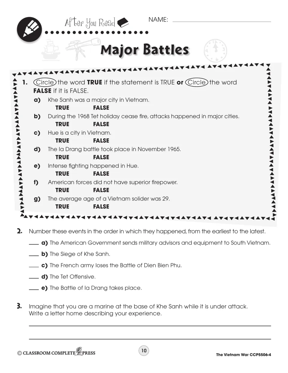 After You Read: 7 true/false items on Khe Sanh, Tet and Ia Drang, ordering five events, and a letter from Khe Sanh