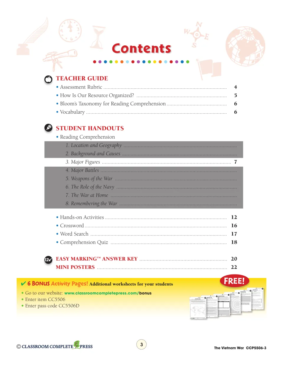 Contents page: teacher guide, eight reading topics with Major Figures on page 7, crossword, quiz and answer key