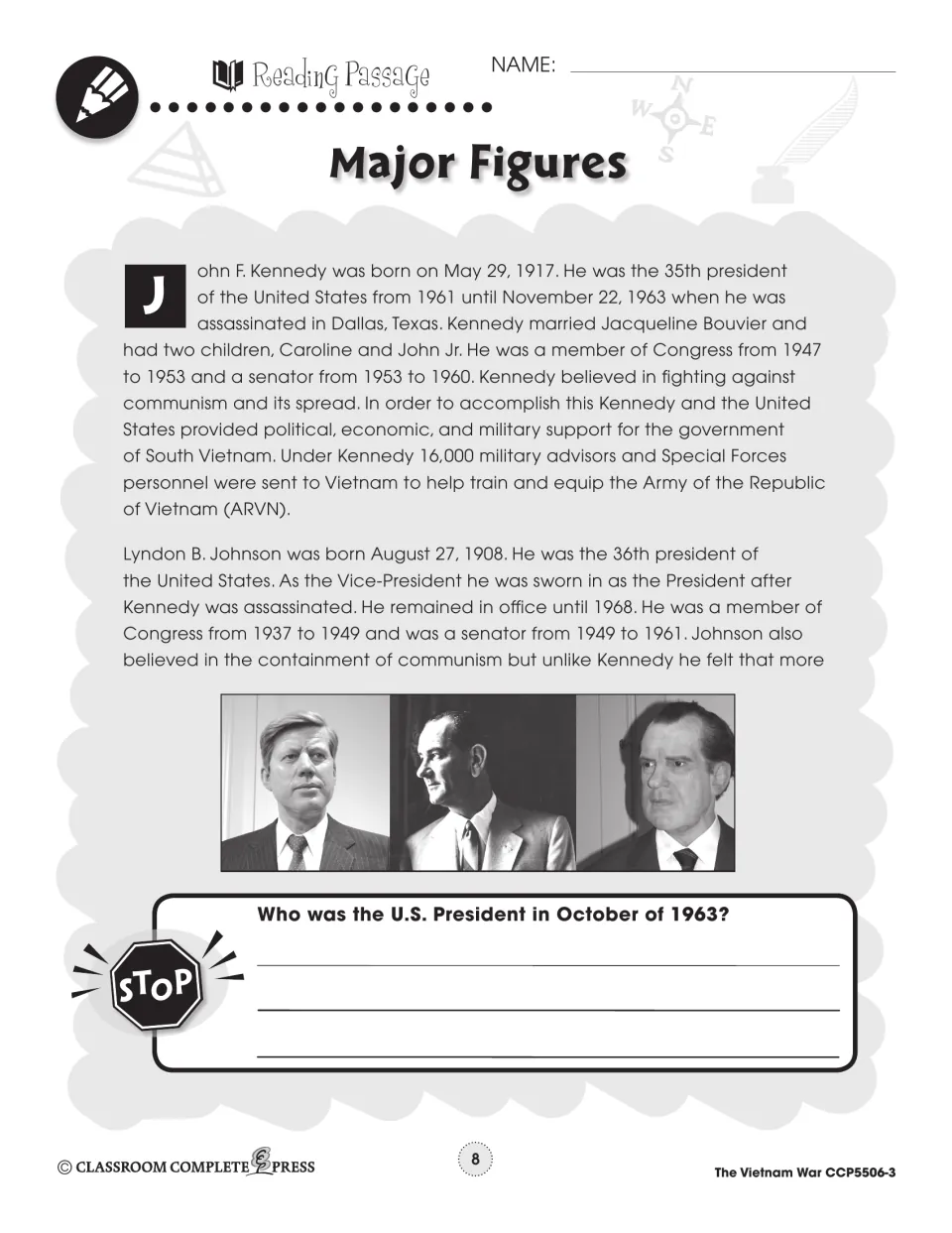 Major Figures passage on Kennedy and Johnson with three presidents' photos and a check question on October 1963
