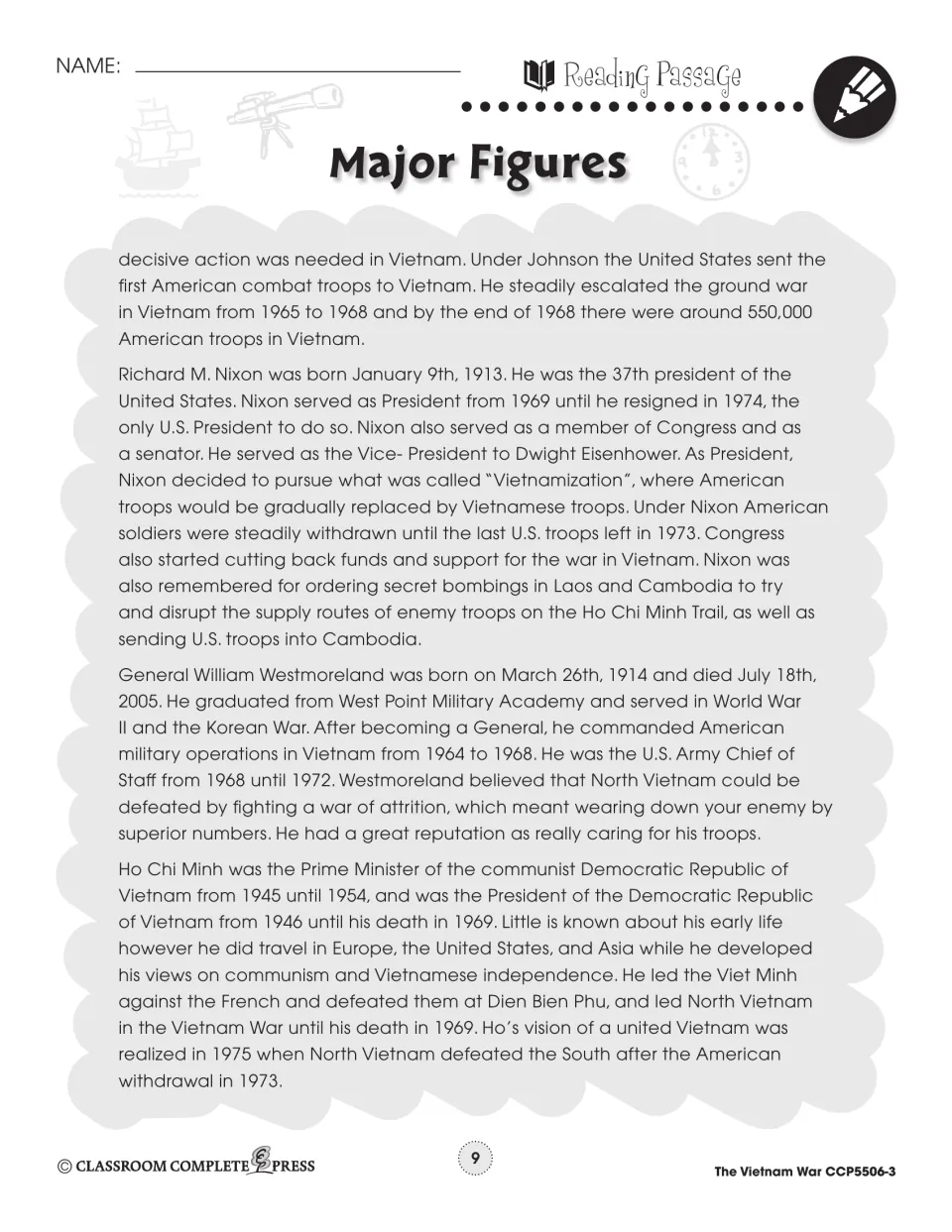 Major Figures passage continued: Johnson's escalation, Nixon's Vietnamization, General Westmoreland and Ho Chi Minh