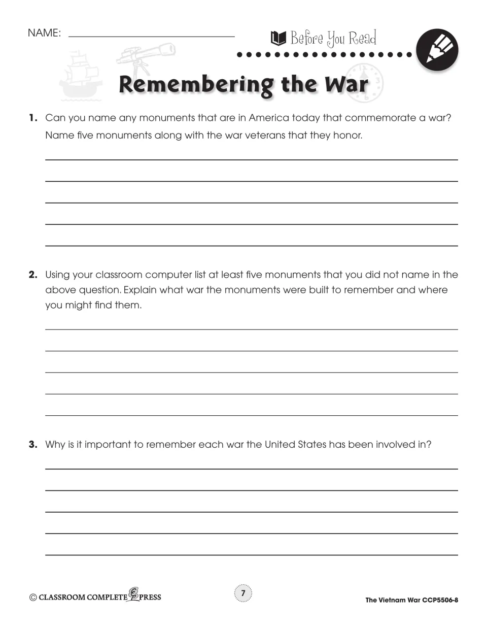Before You Read: name five war monuments and the veterans they honor, and why remembering each war matters